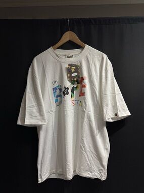 Bape White Multicolor Logo Tee with Camo Ape Tag